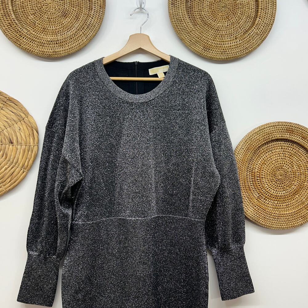 NEW $175 Michael Kors Black Silver Sparkle Long Sleeve Knit Mini Dress XL - Picture 3 of 7